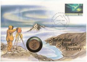 Ausztrál antarktiszi terület benne Ausztrália 1989. 2c felbélyegzett borítékban, bélyegzéssel, német nyelvű leírással T:UNC Australian Antarctic Territory in it Australia 1989. 2 Cents in envelope with stamp and cancellation, with German description C:UNC