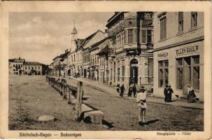 1918 Szászrégen, Reghin; Fő tér, Ellek Gyula, Fränkel A. üzlete / Hauptplatz / main square, shops (EK)