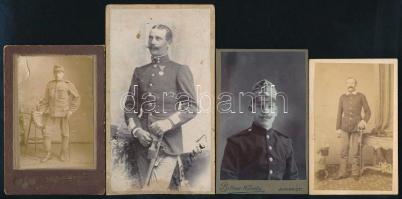 cca 1870-1910 Katonaportrék, 4 db keményhátú fotó, különféle műtermekből (Divald Károly fia, Eperjes; G. Wünsch, Bécs; Helfgott Sámuel ill. Bittner Károly, Bp.), változó méretben és állapotban