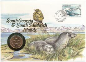 Nagy-Britannia / Déli-Georgia és Déli-Sandwich-szigetek 1990. 2p felbélyegzett borítékban, bélyegzéssel, német nyelvű leírással T:UNC Great Britain / South Georgia &amp; South Sandwich Islands 1990. 2 Pence in envelope with stamp and cancellation, with German description C:UNC