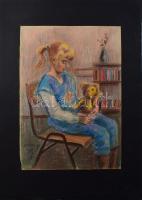 Pósfainé L. Kovács Júlia (1935-): Kislány mackóval. Vegyes technika, papír, jelzett. Papírra kasírozva, 50×35 cm