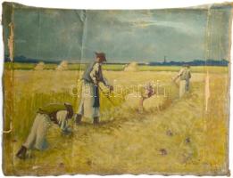 Olvashatatlan jelzéssel, XX. sz. első fele: Aratók. Olaj, vászon. Vakráma nélkül. Kissé sérült. 60×80 cm