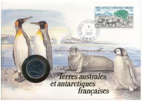 Francia Déli és Antarktiszi területek felbélyegzett borítékban, bélyegzéssel, német nyelvű tájékoztatóval, benne Franciaország 1989. 1Fr Ni T:UNC French Southern and Antarctic Lands in envelope with stamp, cancellation, with German description, in it France 1989. 1 Franc Ni C:UNC