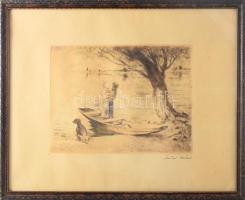 Szőnyi István (1894-1960): Várakozás, színezett rézkarc, papír, jelzett, üvegezett fakeretben, lapszéli apró foltokkal, 23×30,5 cm