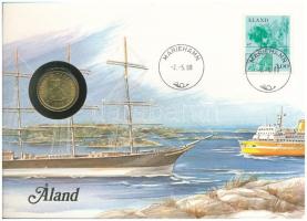 Finnország / Aland 1986. 20p Al-bronz felbélyegzett borítékban, bélyegzéssel, német nyelvű leírással T:UNC Finland / Aland 1986. 20 Penniä Al-bronze in envelope with stamp and cancellation, with German description C:UNC