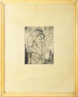 Hincz Gyula (1904-1986): Család (cím nélkül). Rézkarc, papír, jelzett, számozott (50/14). Lap széle kissé foltos. Üvegezett fakeretben, 21x16 cm