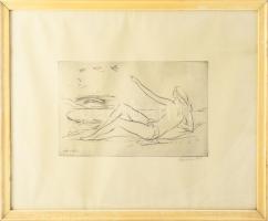 Borsos Miklós (1906-1990): Fekvő női akt. Rézkarc, papír, jelzett, apró foltokkal, üvegezett fakeretben, 18x29 cm
