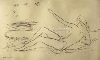 Borsos Miklós (1906-1990): Fekvő női akt. Rézkarc, papír, jelzett, apró foltokkal, üvegezett fakeret...