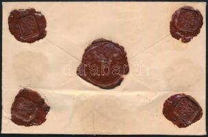 1897 Helyi értéklevél 10kr + 30kr bérmentesítéssel, a hátoldalon 4 db magán és egy postai viaszpecsé...