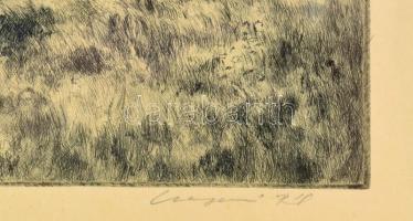 Csergezán Pál (1924-1996): Réten. Rézkarc, papír, jelzett. Üvegezett fakeretben, 22,5×36 cm