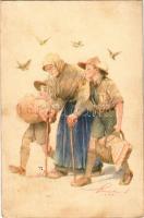 1933 A cserkész, ahol tud, segít. A Magyar Cserkészszövetség kiadása / Hungarian boy scout art postcard s: Márton L. + "GÖDÖLLŐ IV. JAMBOREE" (EB)