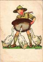 1934 Cserkész libákkal. Magyar Cserkészszövetség / Hungarian scout art postcard s: Márton L. (EB)