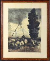 Konecsni György (1908-1970): Itatás. Színezett rézkarc, papír, jelzett, üvegezett fakeretben, 39×29,5 cm