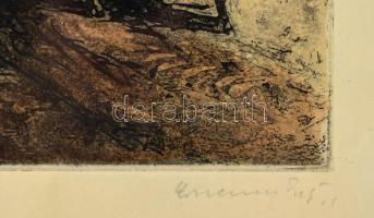 Konecsni György (1908-1970): Itatás. Színezett rézkarc, papír, jelzett, üvegezett fakeretben, 39×29,...