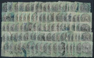 1868-1876 100 db 3kr okmánybélyeg papír-, vízjel-, fogazat- és nyomási változatokkal, válogatás nélkül (dr. Kiss hagyaték)