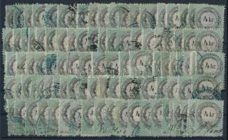 1868-1876 100 db 4kr okmánybélyeg papír-, vízjel-, fogazat- és nyomási változatokkal, válogatás nélkül (dr. Kiss hagyaték)