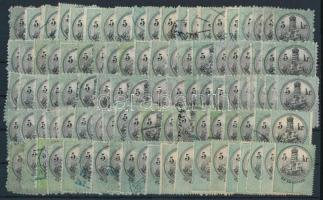 1868-1876 100 db 5kr okmánybélyeg papír-, vízjel-, fogazat- és nyomási változatokkal, válogatás nélkül (dr. Kiss hagyaték)