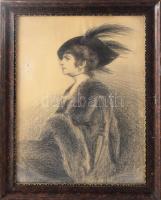 Olvashatatlan jelzéssel: Divatos hölgy portréja, 1910-es évek. Ceruza, papír. Kissé sérült. Üvegezett fakeretben. 40×30 cm