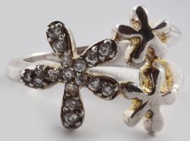 Ezüst (Ag) sokköves virágmintás gyűrű, jelzett, méret: 52, bruttó: 4,6 g