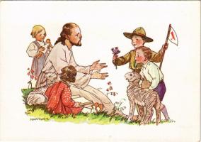 Húsvét. Magyar cserkész művészlap Jézussal. Márton L.-féle Cserkészlevelezőlapok Kiadóhivatala / Hungarian boy scout art postcard, Easter s: Márton L. (EK)