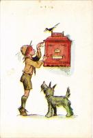 Magyar cserkész művészlap postaládával és kutyával. Márton L.-féle Cserkészlevelezőlapok Kiadóhivatala kiadása / Hungarian boy scout art postcard with mailbox and dog s: Márton L. (lyukak / pinholes)
