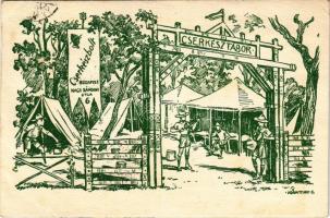 1935 Nemzetközi Árumintavásár Budapest 1934. A Cserkészbolt Mintatábora. Cserkészbolt csak a Cserkészházban Budapest V. Nagy Sándor utca 6. / Hungarian boy scout art postcard, display camp at the International Fair in Budapest s: Márton L. (EB)