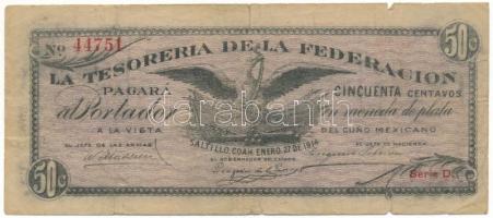 Mexikói államok / Coahuila 1914. 50c "La Tesoreria de la Federacion", "D. 44751" T:VG Mexican states / Coahuila 1914. 50 Centavos "La Tesoreria de la Federacion", "D. 44751" C:VG Krause P#S644