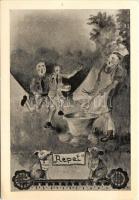 Repet. Magyar cserkész művészlap tábori konyhával és kutyákkal. Martineum Rt. Szombathely / Hungarian boy scout art postcard with camp kitchen and dogs s: Benkő L. (EK)