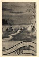 Tábortűznél minden este cserkész ajkról száll a dal... Magyar cserkész művészlap. Martineum Rt. Szombathely / Hungarian boy scout art postcard s: Benkő L. (vágott / cut)