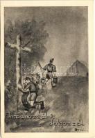 Imádkozzál és dolgozzál. Magyar cserkész művészlap. Martineum Rt. Szombathely / Hungarian boy scout art postcard s: Benkő L. (vágott / cut)