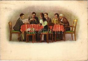 Asztalnál. Kiadja a Bethlen Gábor Irodalmi és Nyomdai Rt. Felelős Lombár László / Hungarian art postcard s: Biczó András (gyűrődések / creases)