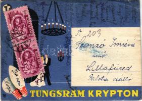 1950 Tungsram Krypton izzó reklámlapja, hátoldalán kézi rajz / Hungarian light bulb advertisement postcard s: Macskássy (non PC) (gyűrődések / creases)