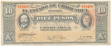 Mexikói államok / Chihuahua 1915. 10P helyipénz "924499" T:F, szép papír, pici anyaghiány Mexican states / Chihuahua 1915. 10 Peso local money "924499" C:F, fine paper, tiny missing material Krause P#S533