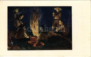 Tábortűznél. Cserkész művészlap. A Magyar Lapvállalat kiadása. Apostol nyomda / Hungarian boy scout art postcard, campfire s: Györgyfy Gy. (EK)