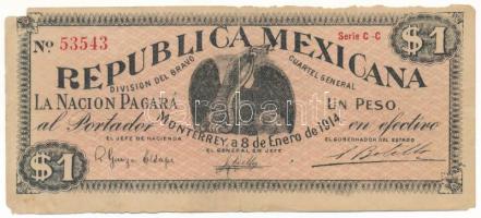 Mexikói államok / Nuevo León 1914. 1P "Division del Bravo" helyipénz, "C-C 53543" T:G, majdnem kettészakadva Mexican states / Nuevo León 1914. 1 Peso "Division del Bravo" local money, "C-C 53543" C:G, almost torn in two Krause P#S937