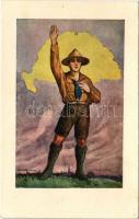 Nem, nem, soha! Cserkész művészlap, irredenta propaganda. A Magyar Lapvállalat kiadása. Apostol nyomda / Hungarian boy scout art postcard with irredenta propaganda, Treaty of Trianon s: Györgyfy Gy. (EK)