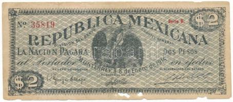 Mexikói államok / Nuevo León 1914. 2P "Division del Bravo" helyipénz, "B. 35819" T:VG, anyaghiány Mexican states / Nuevo León 1914. 2 Pesos "Division del Bravo" local money, "B. 35819" C:VG, missing material Krause P#S938