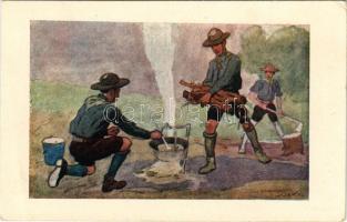 Fő a gulyás. Cserkész művészlap. A Magyar Lapvállalat kiadása. Apostol nyomda / Hungarian boy scout art postcard, scout camp s: Juszkó (EB)