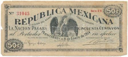 Mexikói államok / Nuevo León 1914. 50c "Division del Bravo" helyipénz, "D.B 31045" T:VG, pici anyaghiány Mexican states / Nuevo León 1914. 50 Centavos "Division del Bravo" local money, "D.B 31045" C:VG, tiny missing material Krause P#S938