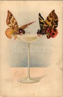 1911 Butterfly lady and gentleman drinking from a glass. M. M. Vienne, M. Munk, Nr. 552. litho (EK)