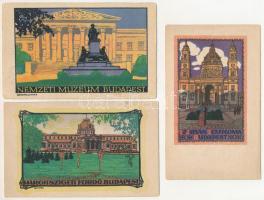 Budapest - 3 db RÉGI Magyar Földrajzi Intézet sorozat képeslap: Margitszigeti fürdő, Szent István templom, Nemzeti Múzeum