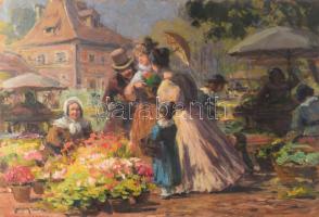 Gergely Imre (1868-1957): Virágpiac. Olaj, rétegelt falemez. Jelzett. Hátoldalán BÁV 1980-85 körüli címkéjével és 1990 előtti MNG kiviteli bélyegzővel. 34×50 cm.