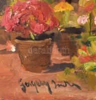 Gergely Imre (1868-1957): Virágpiac. Olaj, rétegelt falemez. Jelzett. Hátoldalán BÁV 1980-85 körüli ...