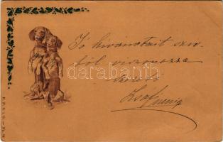1899 Art Nouveau Embossed Dachshund dogs postcard. F. P. S. i. G. Nr. 94. (EK)