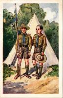 Az őrs zászlója. Cserkész művészlap. Rigler József Ede kiadása R.J.E. 8006. / Hungarian boy scout art postcard, scout camp, the flag of the sentry (EB)