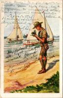 Vízi cserkészek. Rigler József Ede kiadása R.J.E. 8001. / Hungarian boy scout art postcard, water scouts (fa)
