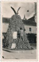 1940 Marosvásárhely, Targu Mures; Hősök szobra, emlékmű, vaskereskedés / military heroes' monument, shop, photo + "1940 MAROSVÁSÁRHELY VISSZATÉRT" So. Stpl