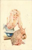 1935 A cserkész... tiszta. Cserkész művészlap malaccal A Magyar Cserkészszövetség kiadása, Globus Budapest / Hungarian boy scout art postcard with pig s: Márton L. (EB)