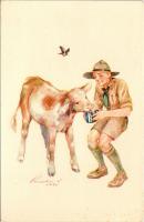 A cserkész szereti a természetet, jó az állatokhoz. A Magyar Cserkészszövetség kiadása, Globus Budapest / Hungarian boy scout art postcard with cow s: Márton L.