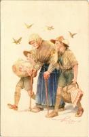 A cserkész, ahol tud, segít. A Magyar Cserkészszövetség kiadása, Globus Budapest / Hungarian boy scout art postcard s: Márton L. (EK)